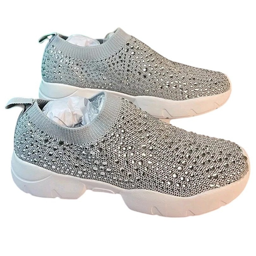 Lauren Lorraine Silver Rhinestone Knit Slip On Sneakers Womens Platform Shoes 8
